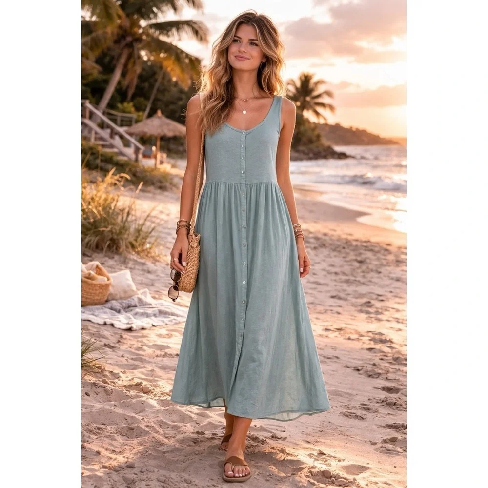 FRYE Button Front Sage Green Casual Maxi Dress Size L Beach Summer
